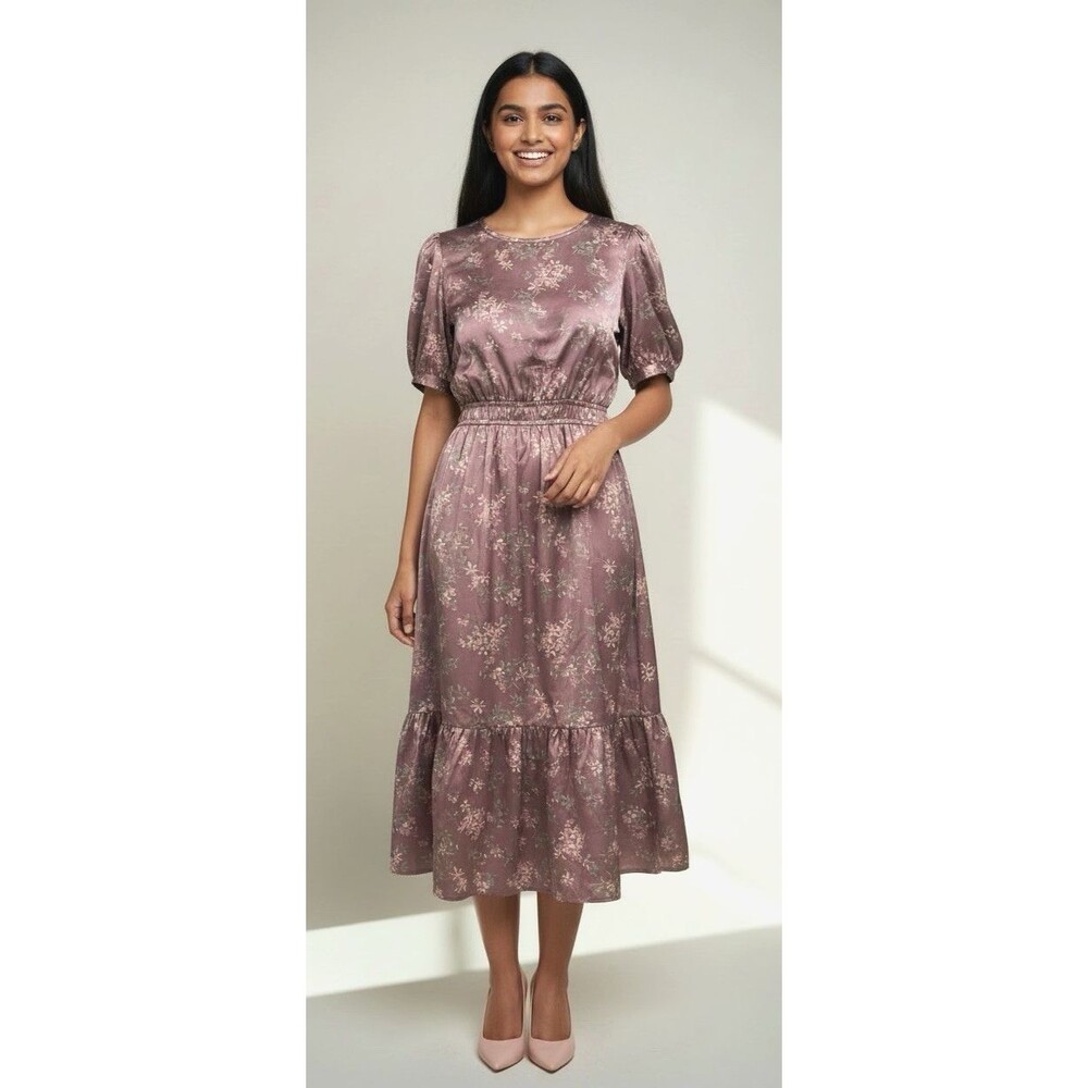 Bohme NEW womens soft satin floral midi dress puffy sleeves Medium coquette girl